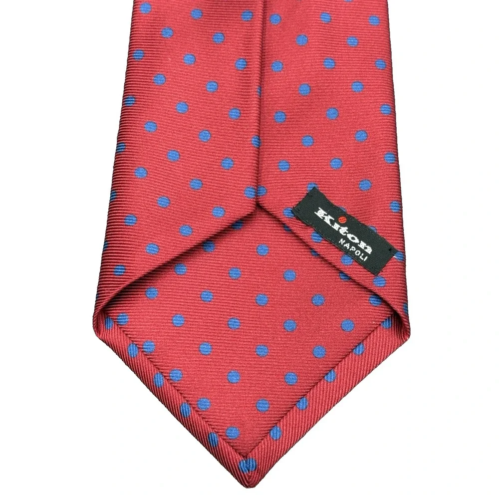 Kiton Napoli Repp 7 Fold 100% Silk Sexy Red Blue Dot's Thick Handmade in Italy